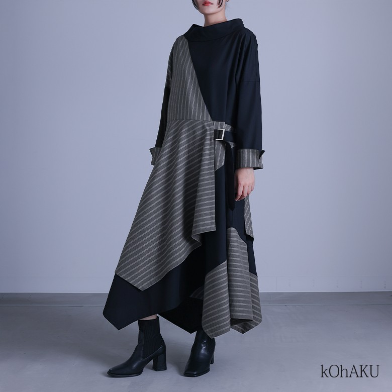 kOhAKU無地×ストライプ切替デザインアシメワンピース