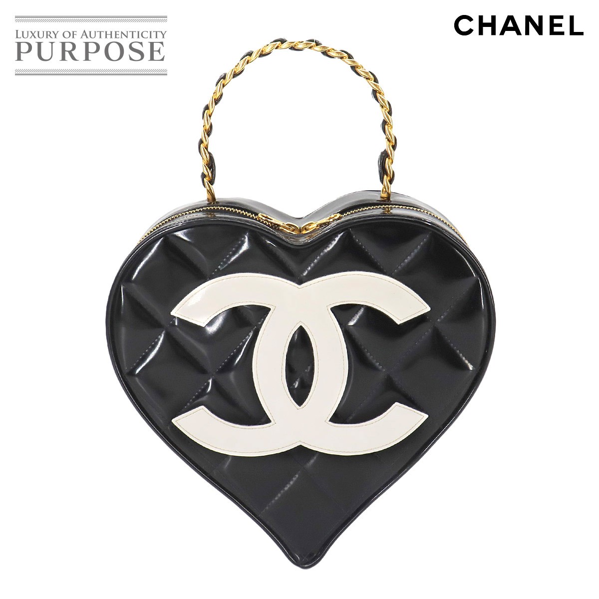 【新品同様】 シャネル CHANEL マトラッセ ハート バニティ バッグ エナメル ブラック ホワイト ヴィンテージ ゴールド 金具 Matelasse Heart Vanity Bag 【中古】