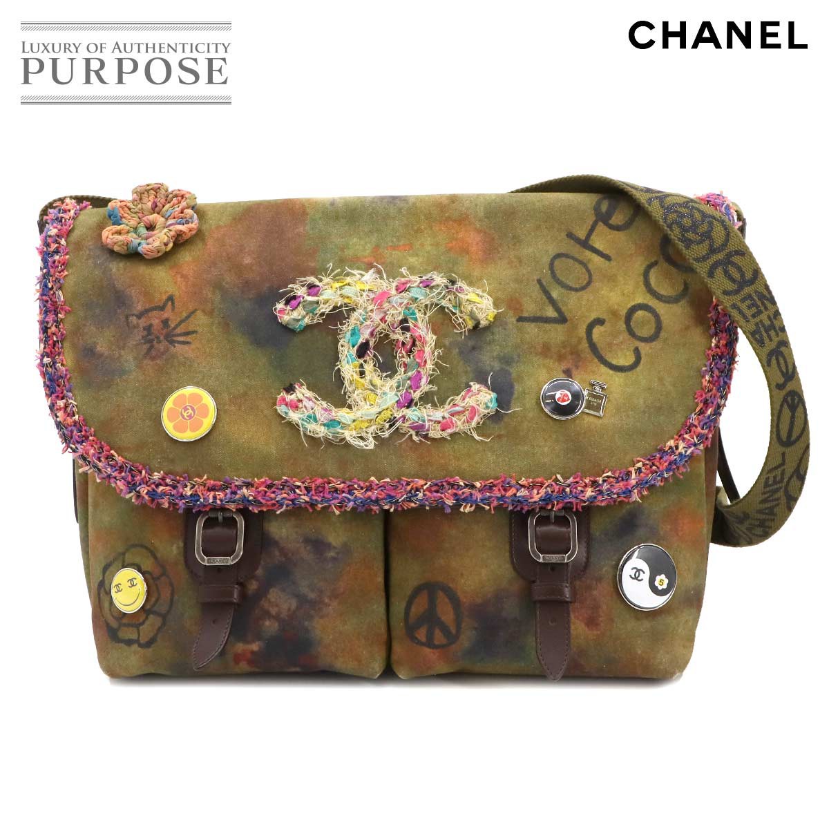 【未使用 展示品】 シャネル CHANEL エンブロイダリー ショルダー バッグ キャンバス レザー カーキ A92790 Graffiti Shoulder Bag 【中古】