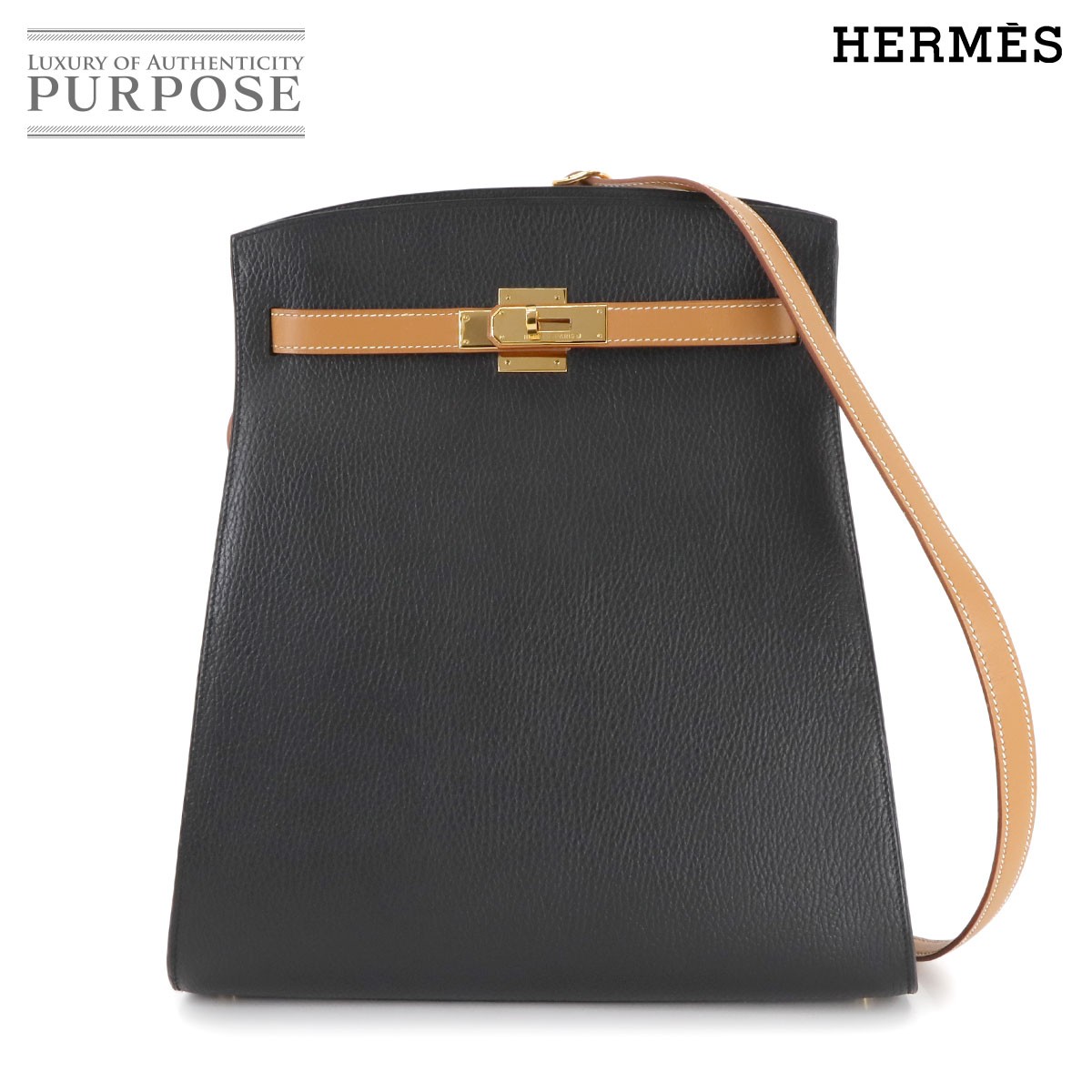 【新品同様】 エルメス HERMES ケリー スポーツ GM ショルダー バッグ アルデンヌ ヴォーシャモニー ブラック ナチュラル □A刻印 1997年製 ヴィンテージ ゴールド 金具 Kelly Sport GM 【中古】