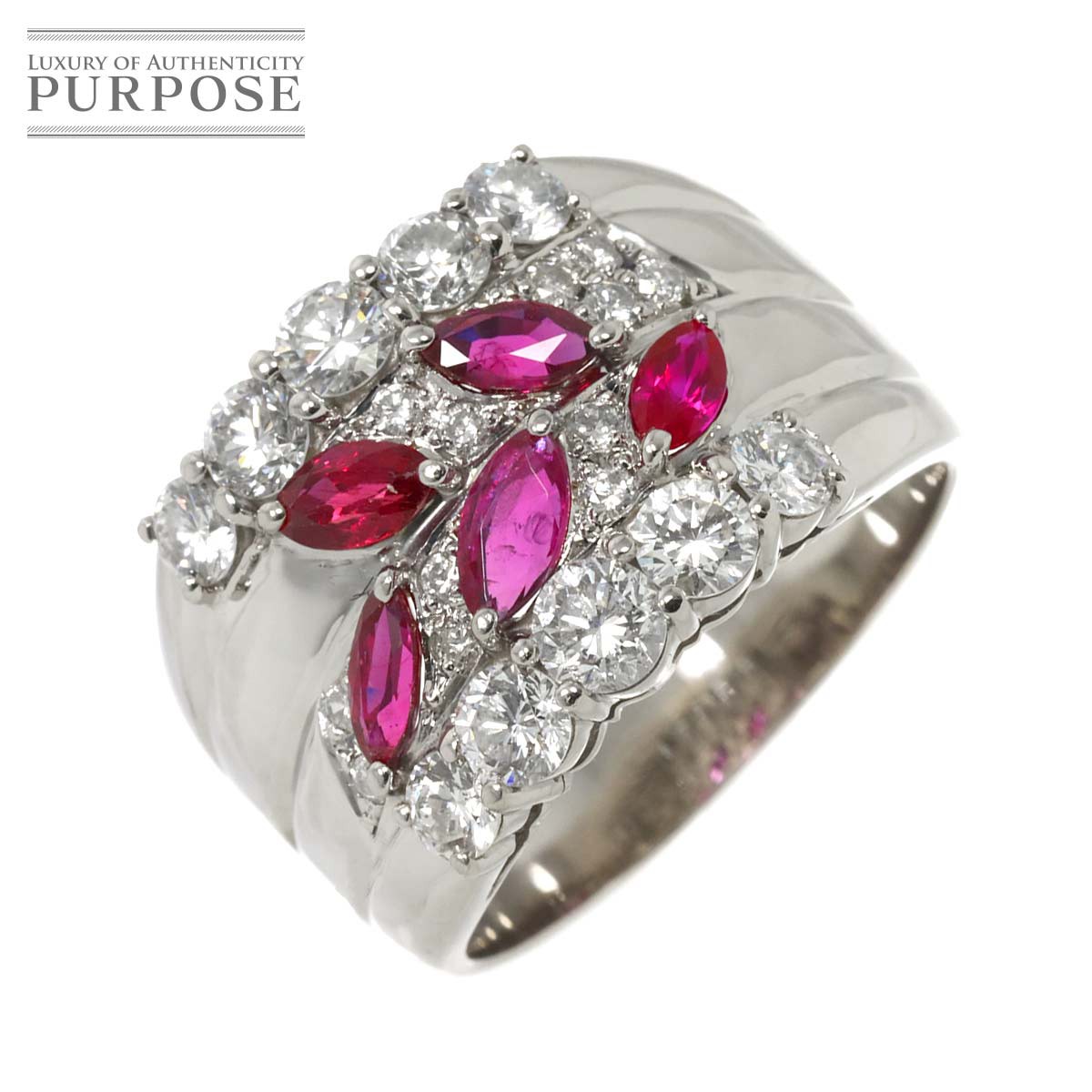 【新品仕上げ】 リング 21号 ルビー 1.27ct ダイヤ 1.71ct/0.21ct Pt プラチナ 指輪 Ruby Ring【中古】