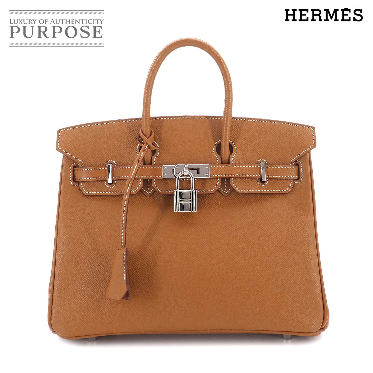 【新品同様】 バーキン25 エルメス HERMES エプソン ゴールド ハンド バッグ □M刻印 シルバー 金具 Birkin 25 【中古】