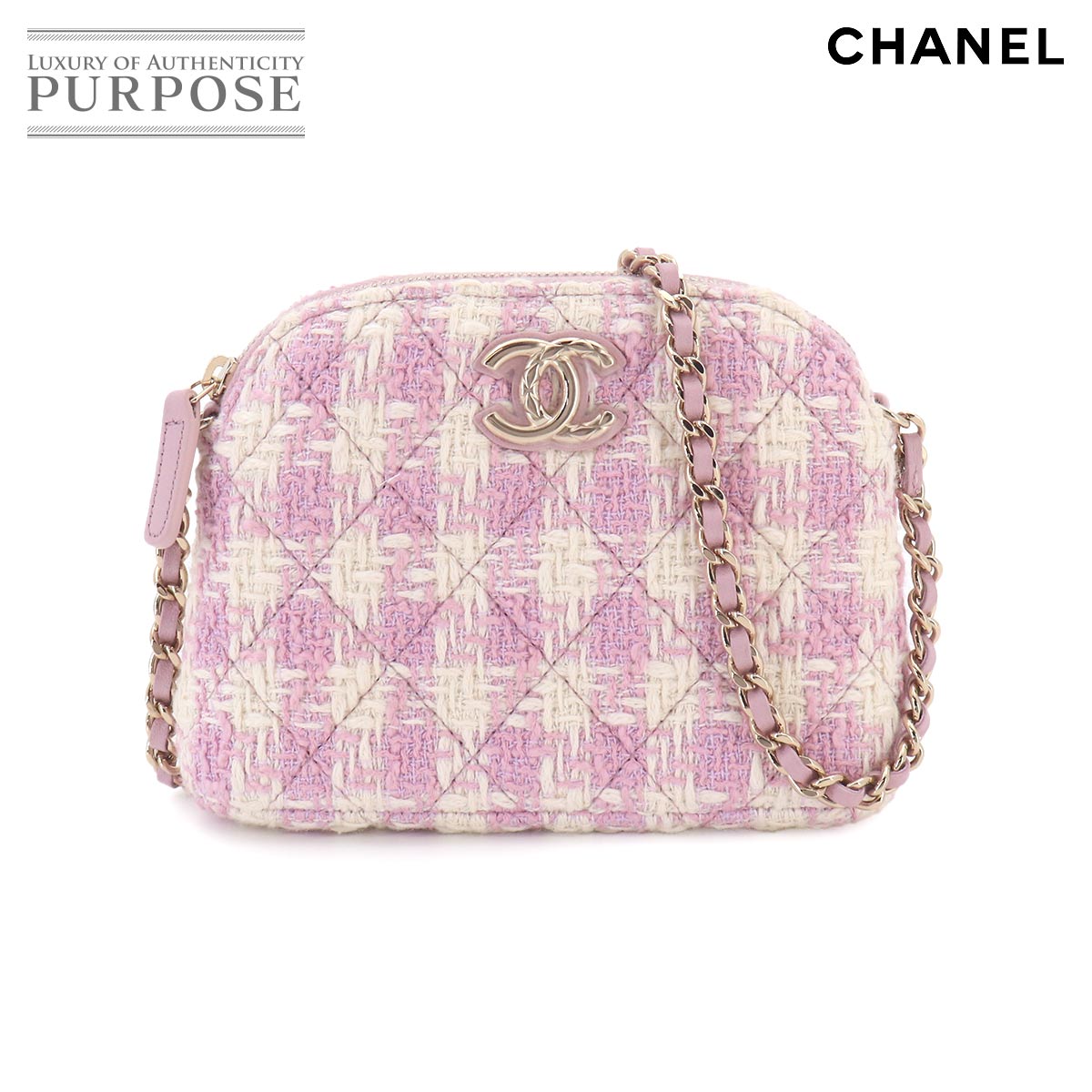 【未使用 展示品】 シャネル CHANEL マトラッセ チェーン ショルダー バッグ ツイード レザー ピンク ホワイト ゴールド 金具 Shoulder Bag 【中古】