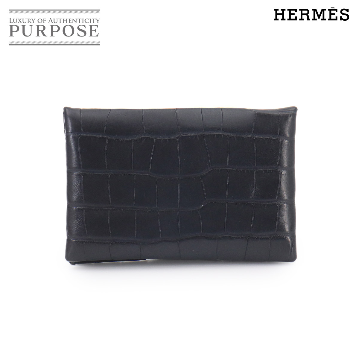 【新品同様】 エルメス HERMES クロコダイル カルヴィ カードケース アリゲーター ブルーニュイ D刻印 シルバー 金具 Calvi 【中古】