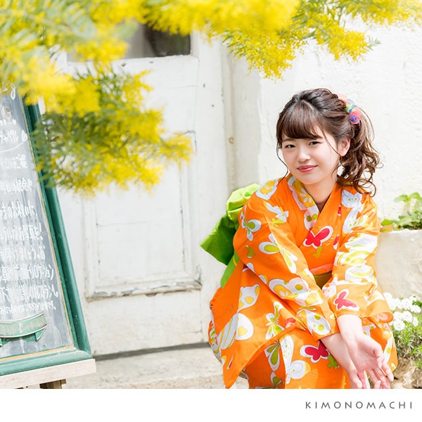 京都きもの町オリジナル 浴衣セット「オレンジ 蝶々」S、フリー、TL