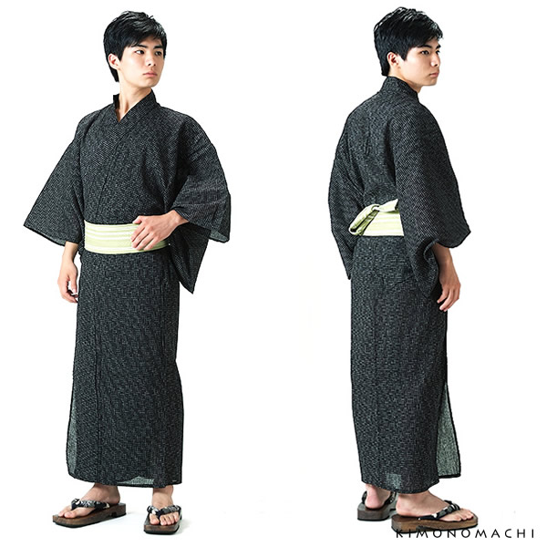 高級浴衣 男性浴衣2点セット「黒色破れ細格子浴衣×グリーン献上柄角帯