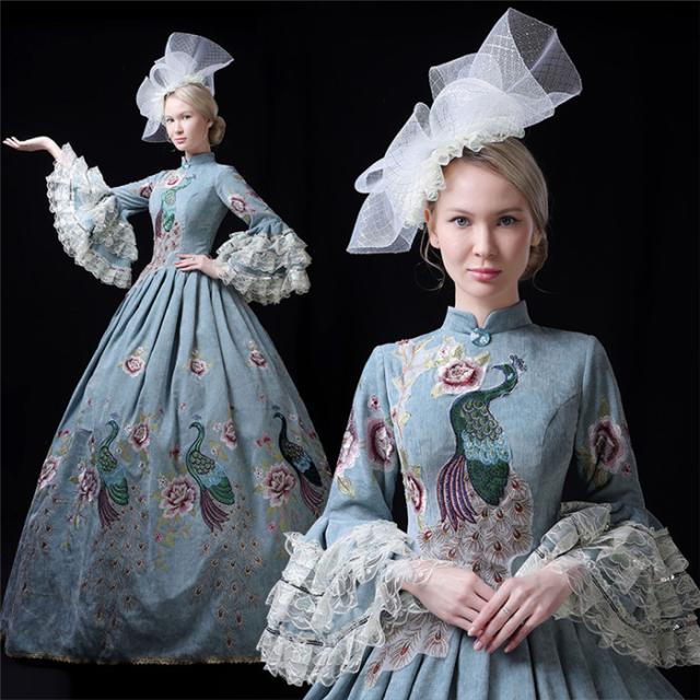 【送料無料】豪華な女王 ロングドレス ステージ衣装 人気お姫様ドレス 代劇 宮廷服 クジャク柄 学園祭 舞踏会 着丈&サイズ指定可 送料無料】豪華な女王 ロングドレス ステージ衣装 人気お姫様ドレス 代