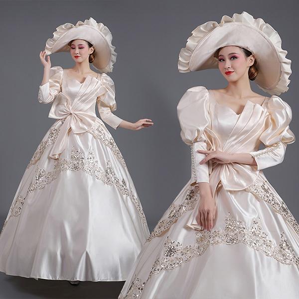 ロングドレス お姫様ドレス 貴婦人 衣装 袖あり 中世ヨーロッパ 貴族ドレス 盛り袖 ステージ ドレス パフスリーブ 袖あり 衣装 貴婦人 ペンタゴンネック フィ