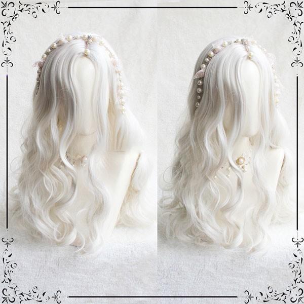 ウィッグ 白銀色 ホワイト パーマ デコ出し セミロング センター