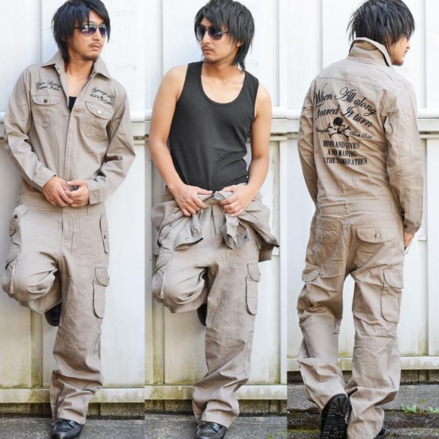 閉店セール】スカル 刺繍 ツナギ つなぎ 刺繍2312-23 メンズ おしゃれ