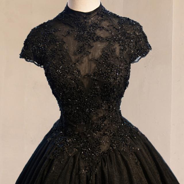 Dress Black のロングドレス　パニエ付き 豪華 復古調 黒 ウェディングドレス パーティドレス ロング
