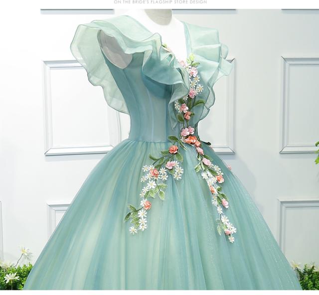 プリンセス ロングドレス パーティドレス ワンピ カラードレス チュールスカート 緑 Vネック  パニエ付 XS~XXXL 舞台 発表会 D135 310808280_4.jpg