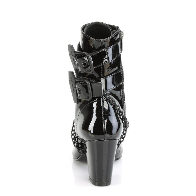 Demonia(デモニア) VIVIKA-128 棺型バックルストラップ＆チェーン ゴスロリショートブーツ ラウンドトゥ サイドジップ エナメル黒◆取り寄せ Demonia(デモニア) VIVIKA-128 棺型バックルストラップ＆チェーン