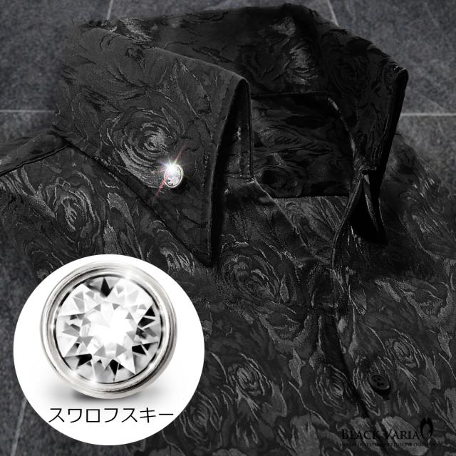サテンシャツ スワロフスキー釦 ドレスシャツ スキッパー 花柄 薔薇