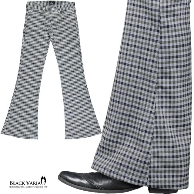 ベルボトム チェック柄 ブーツカット メンズ フレア ストレッチ ローライズ パンツ パンタロンベージュ茶グレンチェック) 232102 ベルボトム チェック柄 ブーツカット メンズ フレア ストレッチ
