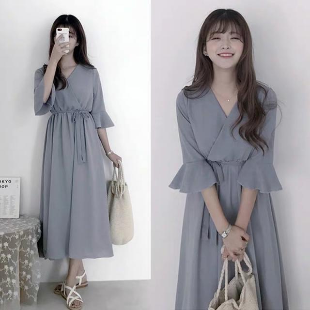 カシュクール ベルスリーブ ワンピース フレアワンピース ロング ロング丈 マキシ マキシ丈 アンクル丈 袖あり 五分袖 ボリューム袖 ホルンスリーブ フレア セミフレア ウエストリボン かわいい 大人可愛い きれいめ シンプル カジュアル 大人 上品 大人女子 こなれ感 カシュクール ベルスリーブ ワンピース フレアワンピース ロング