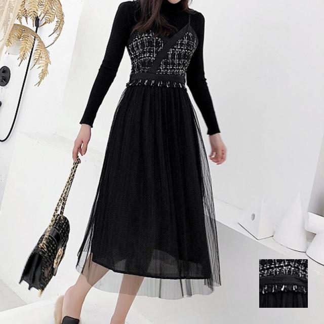 当店限定 韓国 ファッション レディース ワンピース 秋 冬 新作 カジュアル Nalog417 モノトーン ツイード風 切替 キャミワンピース シンプル コ 日本公式品 Www Iacymperu Org