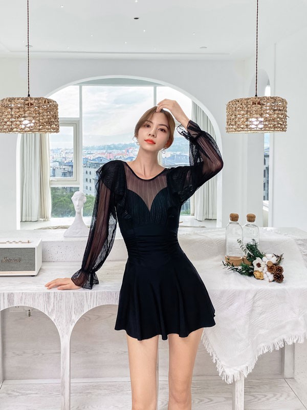 【レビュー投稿で+5%還元】水着 レディース パフスリーブ レオタード水着 パッド付 かわいい ピンク 大きいサイズ シアー袖 フリル 小胸 夏 海 ビーチ 温泉旅行 df035x0x0l9