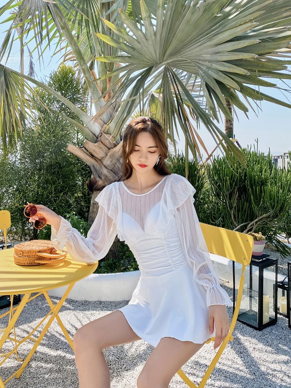 【レビュー投稿で+5%還元】水着 レディース パフスリーブ レオタード水着 パッド付 かわいい ピンク 大きいサイズ シアー袖 フリル 小胸 夏 海 ビーチ 温泉旅行 df035x0x0l9