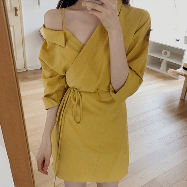 ワンショルダー ワンピース 韓国 ファッション レディース 肩出し ワンピース ミニ 夏 秋 レディース ミニワンピース イエロー ウエストの通販はau Pay マーケット Vestito 商品ロットナンバー