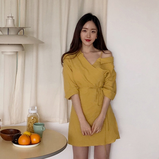 ワンショルダー ワンピース 韓国 ファッション レディース 肩出し ワンピース ミニ 夏 秋 レディース ミニワンピース イエロー ウエストの通販はau Pay マーケット Vestito 商品ロットナンバー
