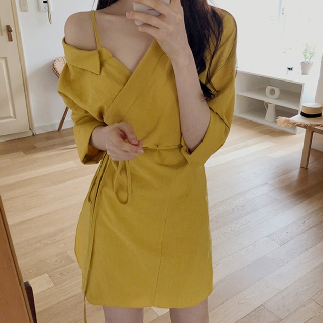 ワンショルダー ワンピース 韓国 ファッション レディース 肩出し ワンピース ミニ 夏 秋 レディース ミニワンピース イエロー ウエストの通販はau Pay マーケット Vestito 商品ロットナンバー