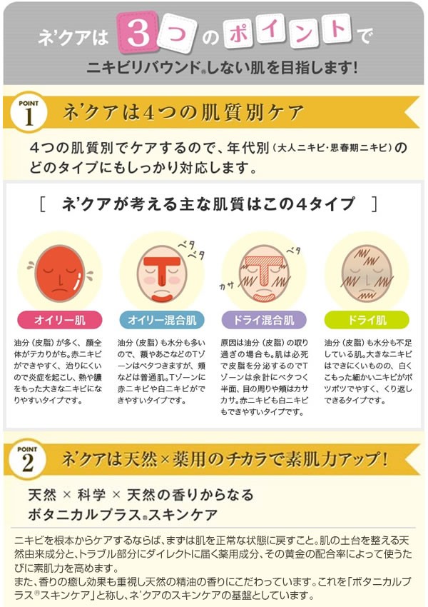 ネ’クアが考える主な肌質タイプはこの4タイプ オイリー肌 オイリー混合肌 ドライ混合肌 ドライ肌