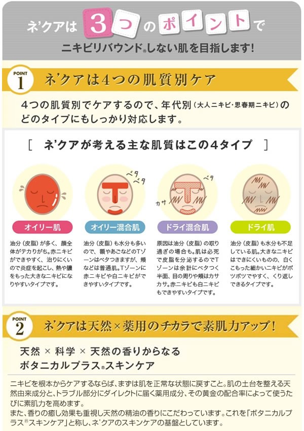 ネ’クアが考える主な肌質タイプはこの4タイプ　オイリー肌　オイリー混合肌　ドライ混合肌　ドライ肌