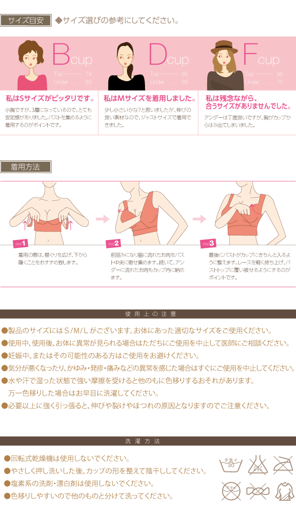 神藤多喜子先生のおっぱい体操ナイトブラ　サイズ目安　着用方法