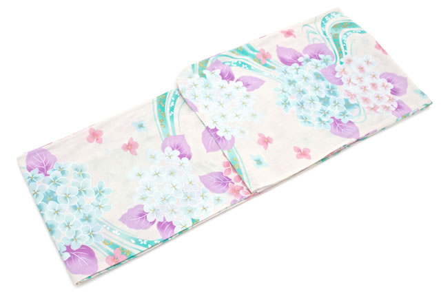 国内最安値 浴衣 レディース Bonheur Saisons ボヌールセゾン 白 アイボリー 青緑 ブルーグリーン ターコイズブルー 紫陽花 アジサイ 流水紋 ラメ 綿 プライスダウン30 Off Arnabmobility Com