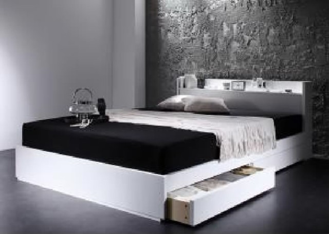 シングルベッド 白 黒 整理 収納付き ベッド プレミアムポケットコイル