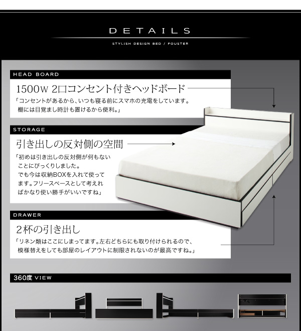 大特価新品 ダブルベッド 白 黒 整理 収納付き ベッド プレミアムボンネルコイルマットレス付き セット モノトーン・バイカラー_棚・コンセント付きの通販はau PAY マーケット - 株式会社夢の小屋|商品 好評新作