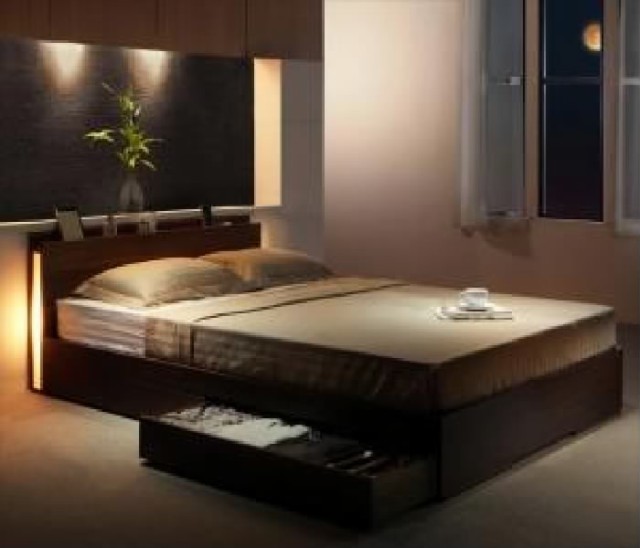 シングルベッド 黒 茶 整理 収納付き ベッド プレミアムボンネルコイル