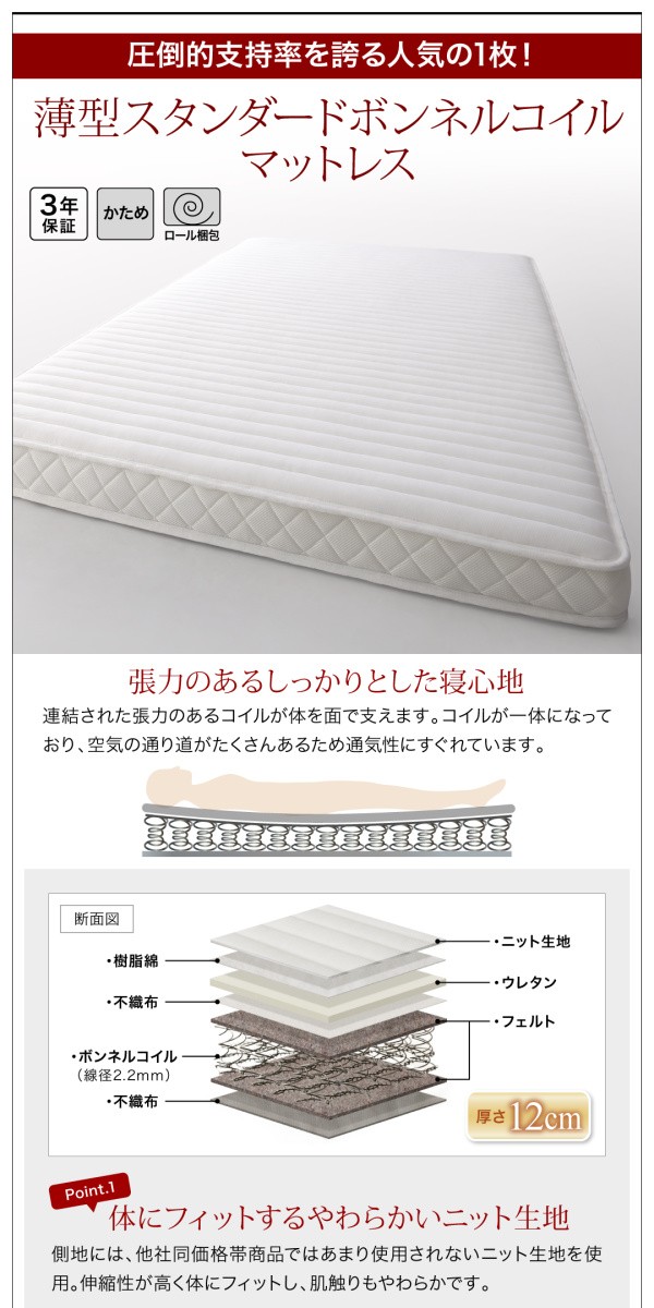 セミダブルベッド 白 大容量収納ベッド 薄型プレミアムボンネルコイル
