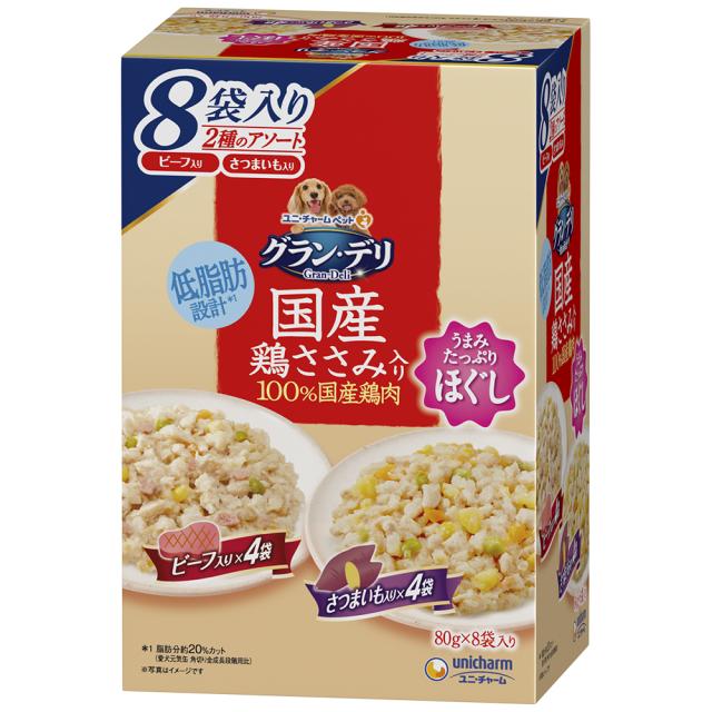 他サイト： unicharm ユニ・チャーム グラン・デリ 国産鶏ささみパウチ ほぐし 成犬用 ビーフ入り&さつまいも入り 80g×8袋の商品画像