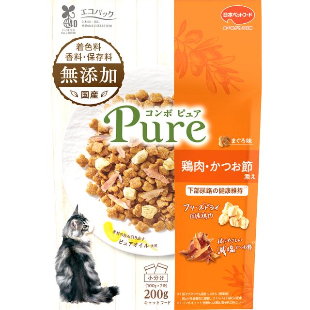 他サイト： 日本ペットフード 株式会社 コンボ キャット ピュア まぐろ味・鶏肉・かつお節添え 200gの商品画像