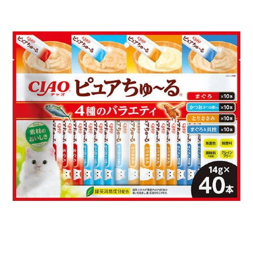 他サイト： CIAO ピュアちゅーる 40本入り 4種のバラエティ 14g×40本 猫 えさ おやつ レトルト ペースト ◆賞味期限 202の商品画像