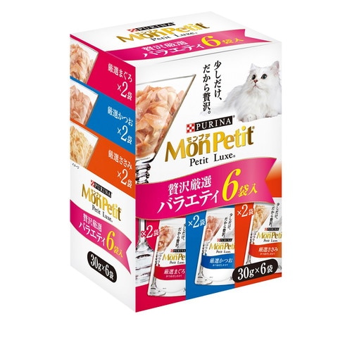 他サイト： モンプチ プチリュクスパウチ 贅沢厳選バラエティ 30g×6P 猫 キャットフード えさ ウェット ◆賞味期限 2026年4月の商品画像