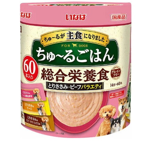 他サイト： いなば ちゅ?るごはん とりささみ・ビーフバラエティ 14g×60本 犬 ドッグフード えさ ウェット ◆賞味期限 2027年1の商品画像