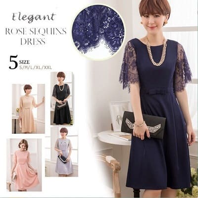 パーティー 二次会 結婚式 披露宴 二次会 大人上品 レース切替 ドレスワンピース S 3l 紺 黒 ピンク ベージュ グレー の通販はau Pay マーケット ドレス通販dressshopageha