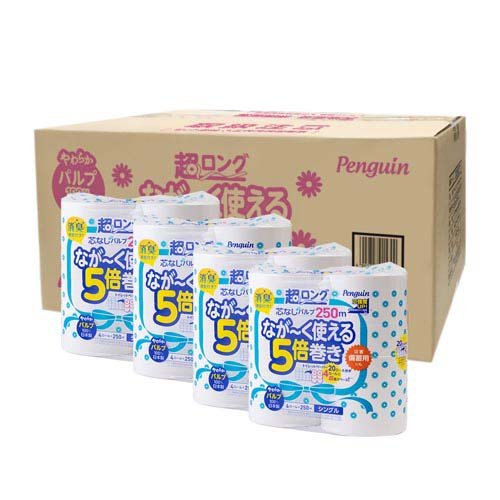 他サイト： ペンギン 芯なし パルプ 超ロング シングル 5倍巻き 250m ケース品(4ロール×4袋)[トイレ用品 その他]の商品画像