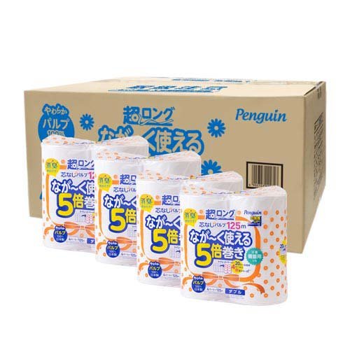 他サイト： ペンギン 芯なし パルプ 超ロング ダブル 5倍巻き 125m ケース品(4ロール×4袋)[トイレ用品 その他]の商品画像