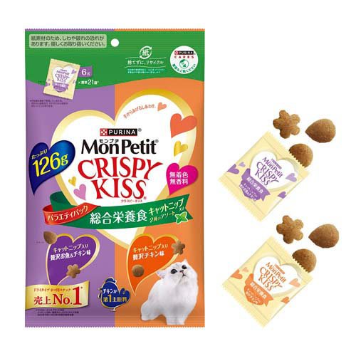他サイト： モンプチ クリスピーキッス 総合栄養食 キャットニップ入り 2種アソート(126g)[猫のおやつ・サプリメント]の商品画像