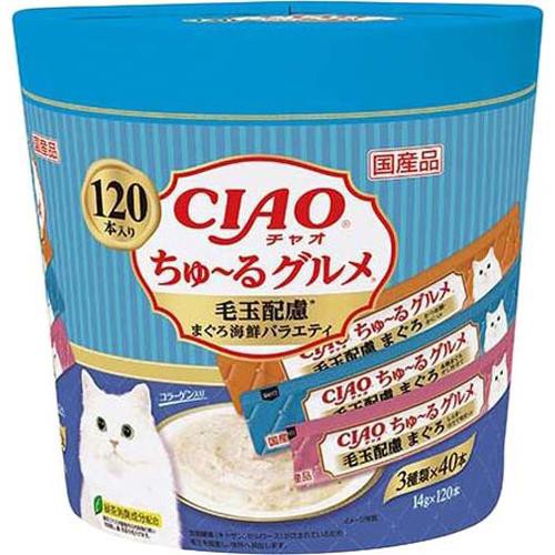 他サイト： チャオ ちゅ〜るグルメ 毛玉配慮 まぐろ海鮮バラエティ(14g*120本入)[猫のおやつ・サプリメント]の商品画像