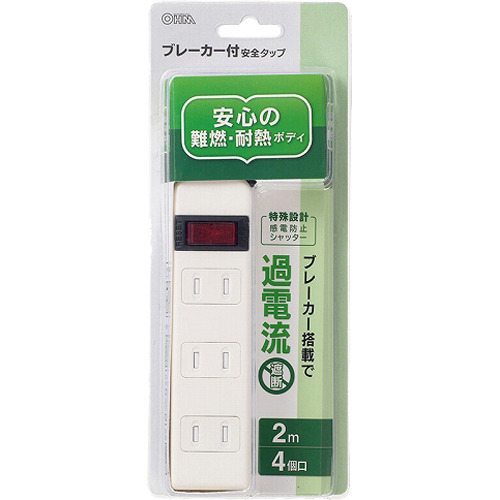 他サイト： ブレーカー付安全タップ 4個口 2m 白 HS-TV42S-W(1個)[OA商品]の商品画像