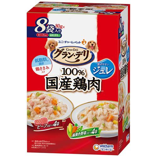 他サイト： グラン・デリ 100%国産鶏肉 パウチ ジュレ 成犬用 ビーフ入り&緑黄色野菜入り(80g×8袋入)[ドッグフード(ウェットフーの商品画像
