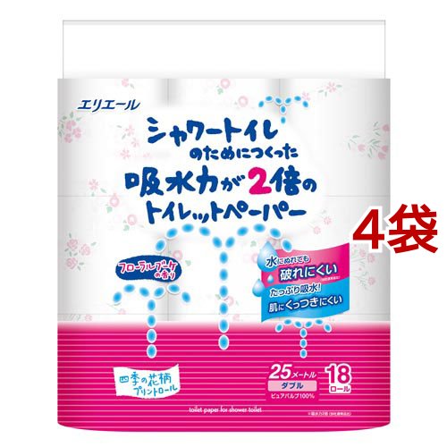 他サイト： エリエール シャワートイレのためにつくった吸水力2倍のトイレットペーパー 花柄(18ロール*4袋セット)[トイレットペーパー ダの商品画像