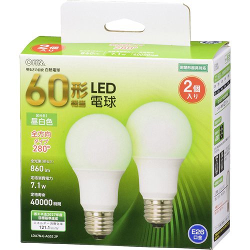 他サイト： LED電球 E26 60形相当 昼白色 全方向 LDA7N-G AG52 2P(2個入)[蛍光灯・電球]の商品画像