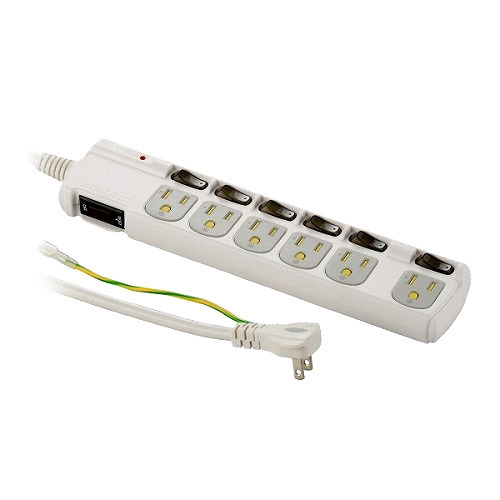 他サイト： アース&雷ガード/3Pプラグ対応 個別スイッチ付き 節電タップ 6個口 1.8m HS-T1259W(1個)[OA商品]の商品画像