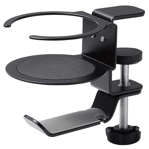 他サイト： エレコム(ELECOM) HP-DSDSKDBK(ブラック) ヘッドホンスタンド クランプ式 ドリンクホルダー付の商品画像